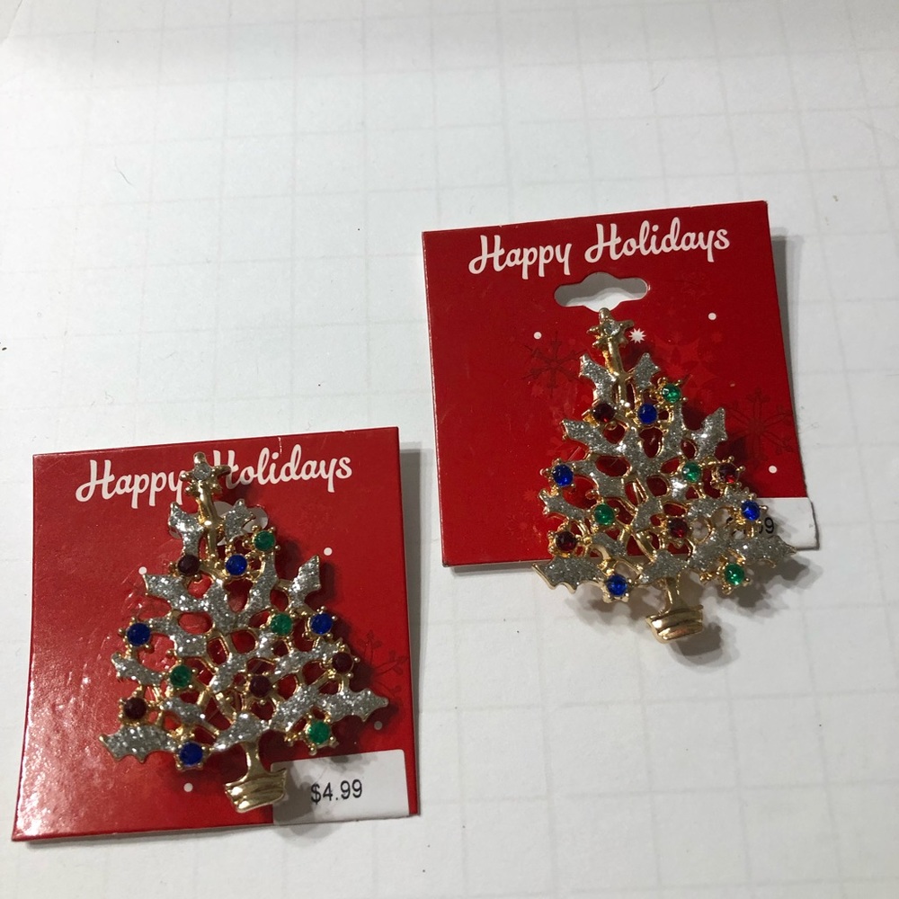 Happy Holidays Christmas Tree pin silver Gold set of 2